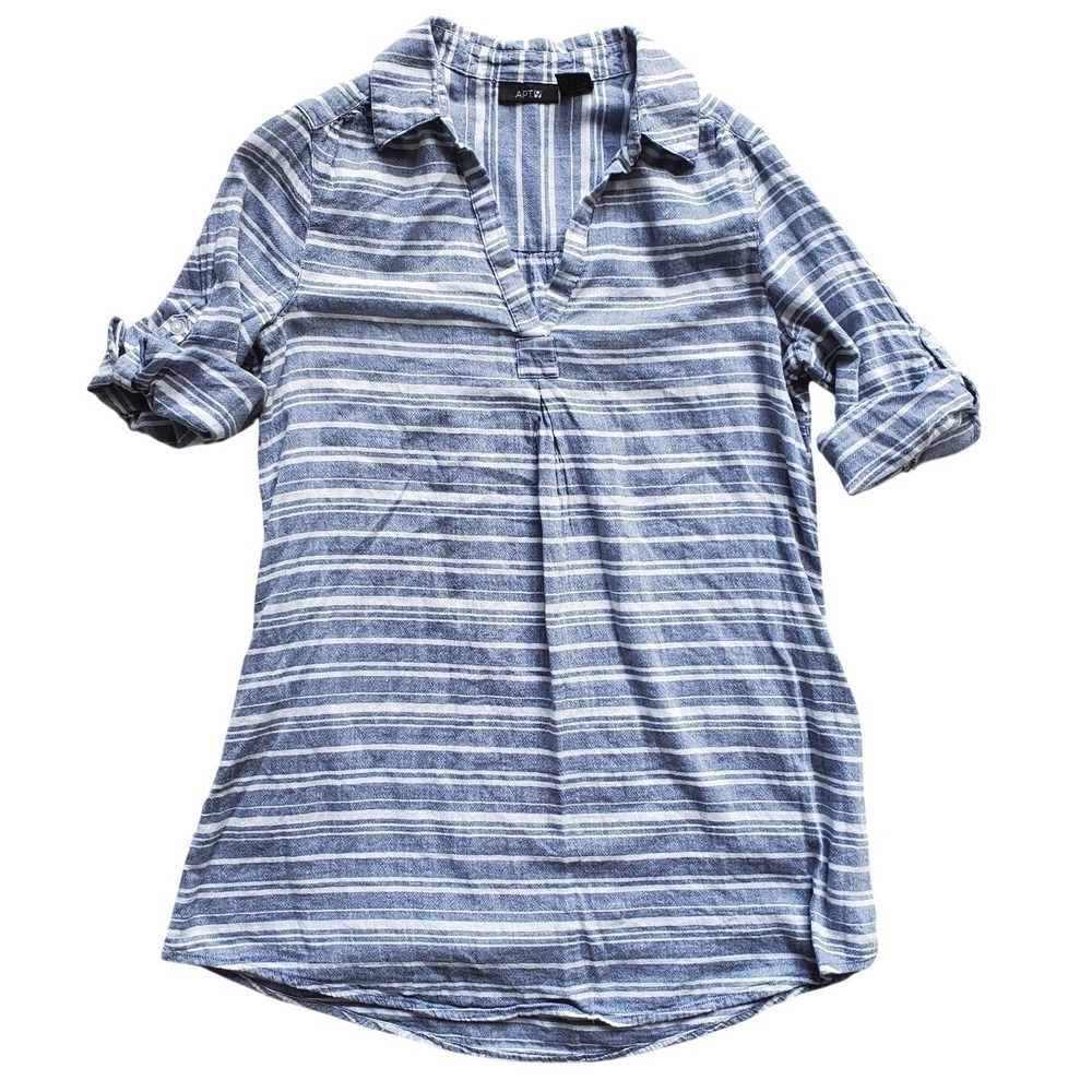 Apt. 9 Blouse Blue White‎ Striped Roll Tab Sleeve V-Neck Casual Top Small